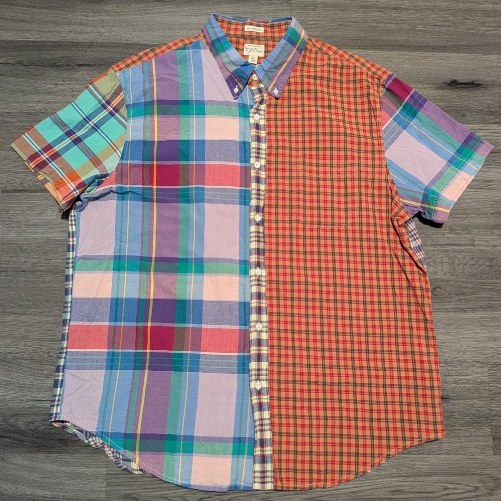 J. Crew Men's Multicolor Patchwork Plaid Indian Madras Relaxed Fit Shirt Size XL